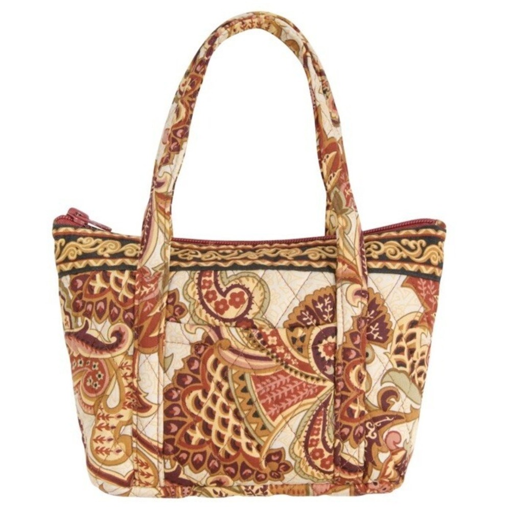 Mini Tote Bag Quilted Paisley Print Red Brown Zip Top Purse